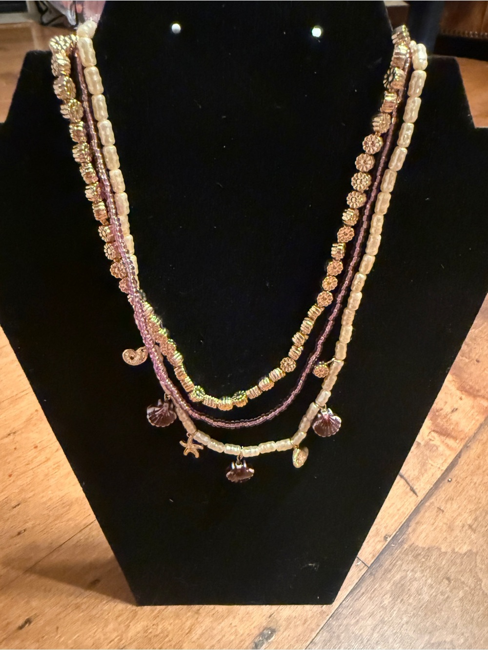 American Eagle Outfitters Gold and Purple Layered Beaded Charm Necklace, nwt